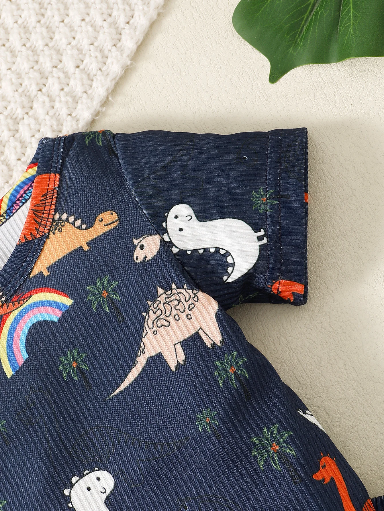 Summer Baby Boy Cute Cartoon Dinosaur Rainbow Print Casual Suit Round Neck Short Sleeve Top Elastic Waist Comfortable Pants