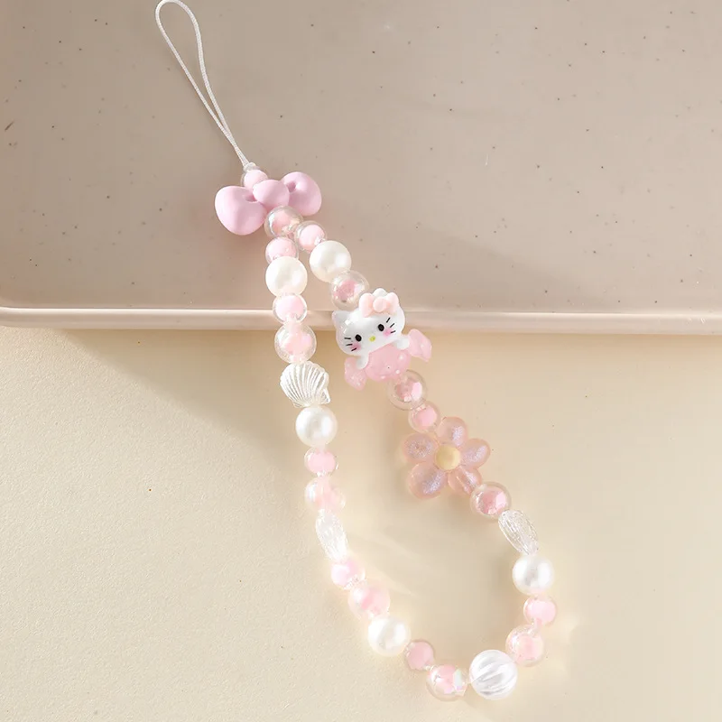 New Sanrio Kuromi Cartoon Mobile Phone Rope Beaded Hello Kitty Lanyard Jewelry Pendant Keychain Camera Chain Girl Birthday Gift