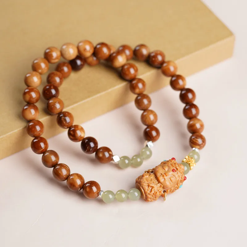 Natural Raw Kukui Bodhi Bracelet with Warm Hetian Jade Beads and Sandalwood Carved Cute Tara Luck Bracelet Gifts