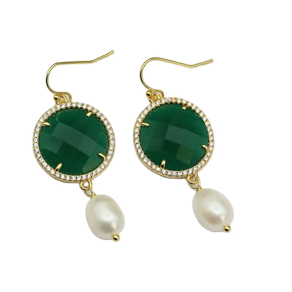 Boucles d'oreilles crochet pendantes pour dames, perle d'eau douce naturelle, perle de riz blanche, perle verte, diversifier, pièce de monnaie pavée CZ, cadeaux simples, 227