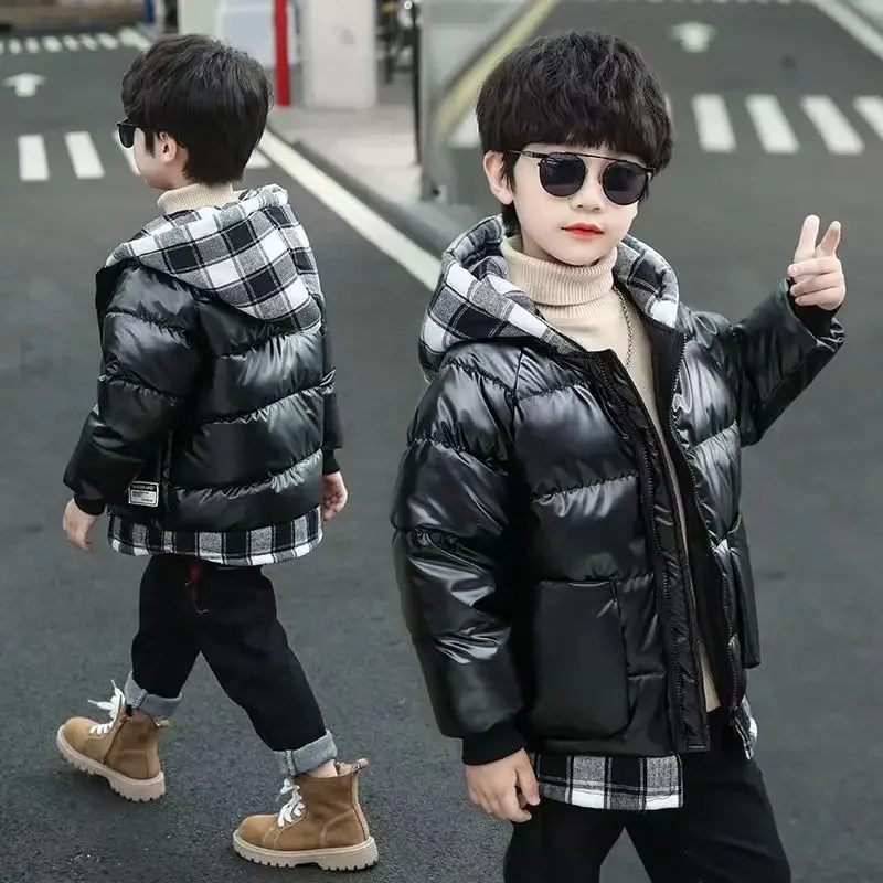 4-12Y Big Boys Jacket Winter New Glossy Waterproof Thick Warm Patchwork Plaid Outwear Teen Kids Fashion Hooded Zipper Parkers