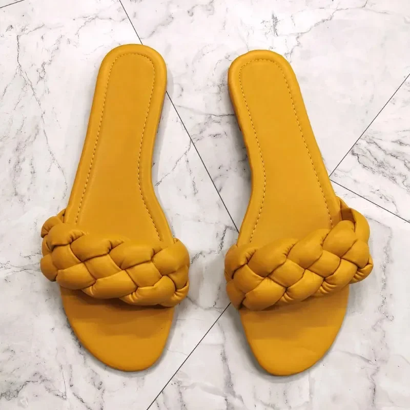 Fashion Open Toe Women Sandals Casual Summer Leather Shoes Woman Slip-on Ladies Slides Beach Solid Weave Modern Flat Sandal