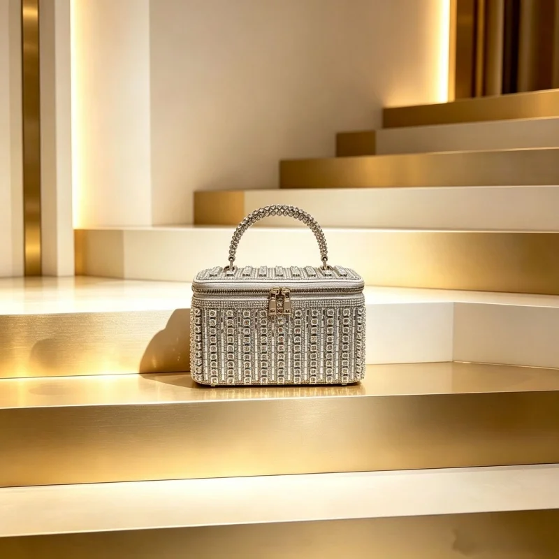 Shiny Full Diamonds Small Square Box Handbags Exquisite Metallic Colorful Rhinestones Evening Clutch Bag Women Luxury Makeup Bag