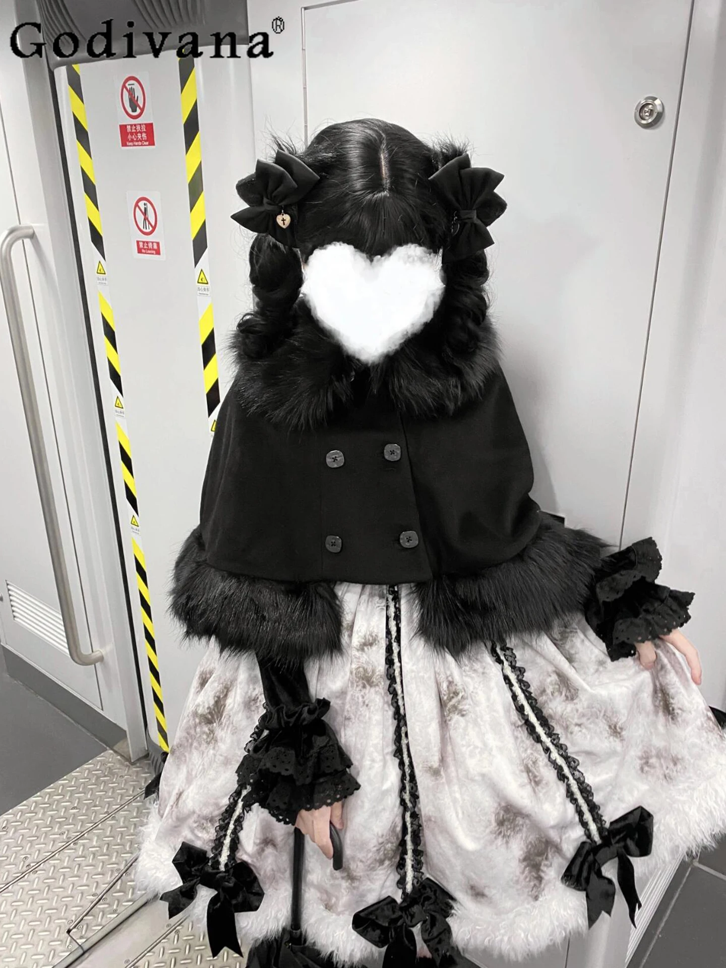 

Японский оригинальный милый милый плюшевый короткий накидка в стиле Лолиты, шаль, пальто, осень-зима, теплый утолщенный комплект Kawaii JSK из трех предметов