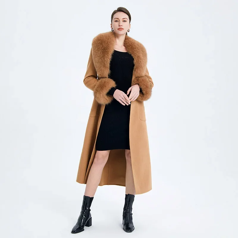 2024 New Wool Coats For Women Autumn Winter Trench Coats With Fox Collar Cuff Full Sleeve Belt Long Outerwear QN5442