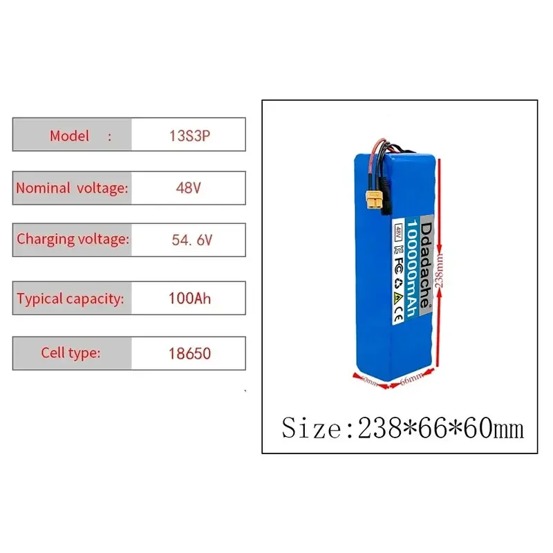 전기 자전거 스쿠터용 리튬 이온 배터리 팩, 13S3P, 48V, 100000mAh, 100Ah, 1000W BMS, 54.6V