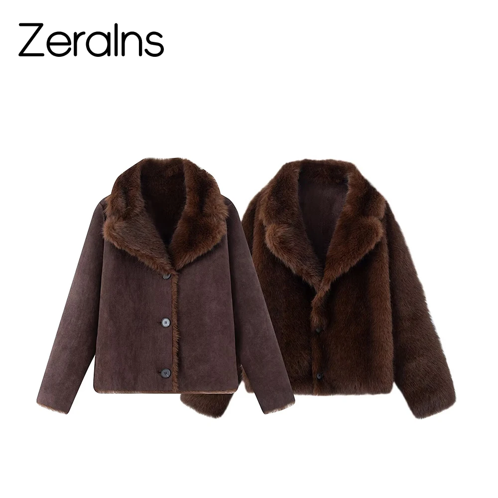 

ZERAINS 2025 Winter Women's Long Sleeve Collar Reverse Velvet Leather Double sided Artificial Fur Effect Jacket Coat