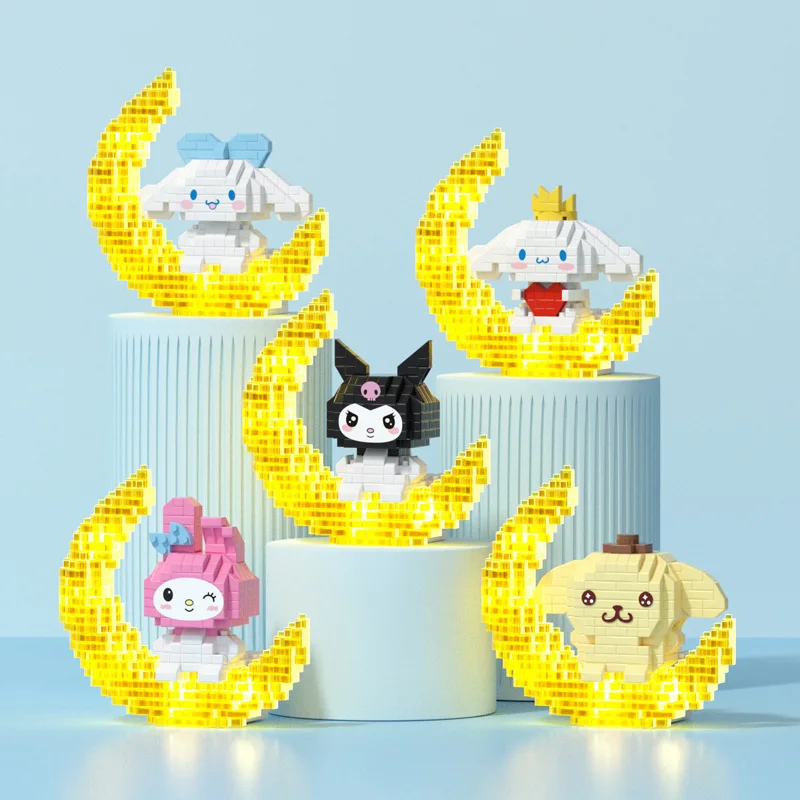 Kawaii Sanrio Micro Building Blocks Moon Kuromi Melody Cinnamoroll Mini Brick Figure DIY Pom Pom Purin Assembled Toys