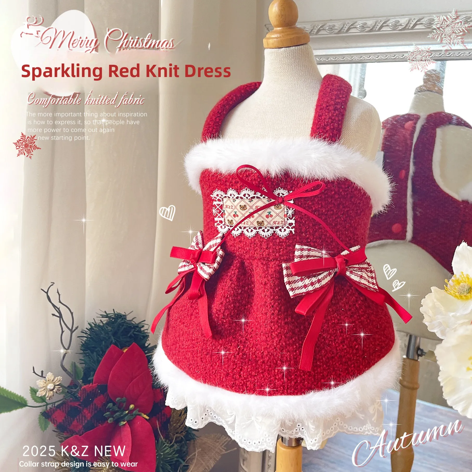 KZ New Year Blessing Fleece Lined Princess Style Christmas Girl Dog Costume Vest Dress for Chihuahua Pomeranian Pets