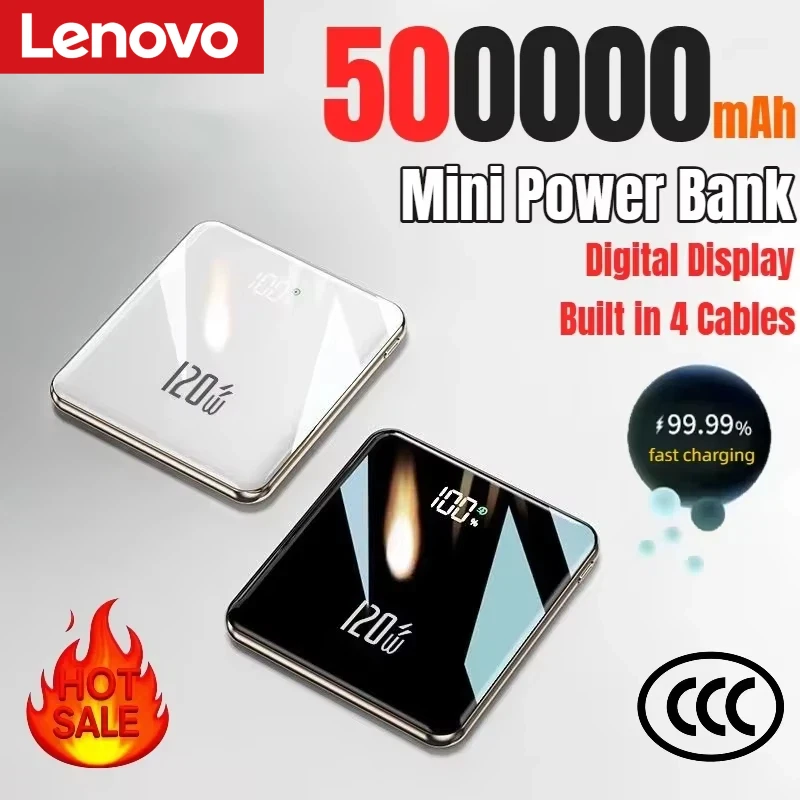 

Внешний аккумулятор Lenovo Mini 500000 мАч, большая емкость, сверхбыстрая зарядка, встроенные 4 кабеля для iPhone, Samsung, Huawei