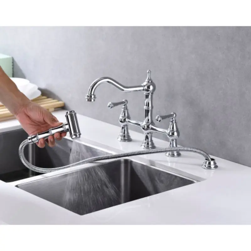 Modern Torneira Cozinha Luxury Bridge Dual Handles Kitchen Faucet With Pull-Out Side Spray In Popular Set Kitchen Faucet