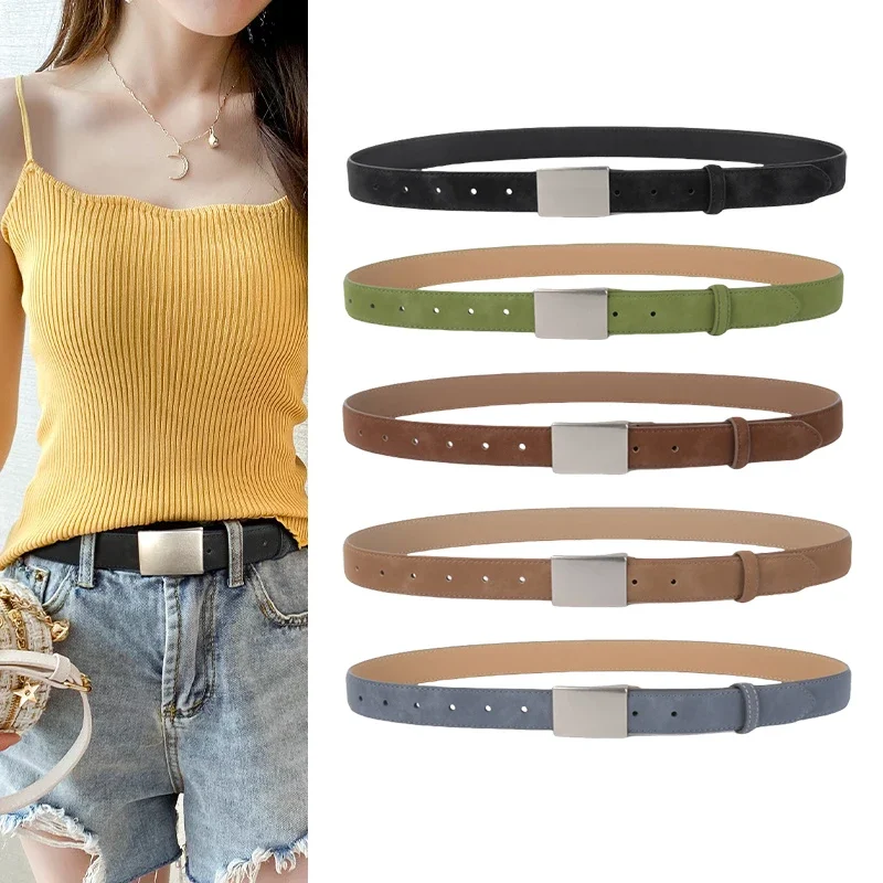Suede Cowhide Women's Belt Simple Design Versatile Jeans Accessory Girdle High Quality Luxury Silver Metal Buckle Waistband