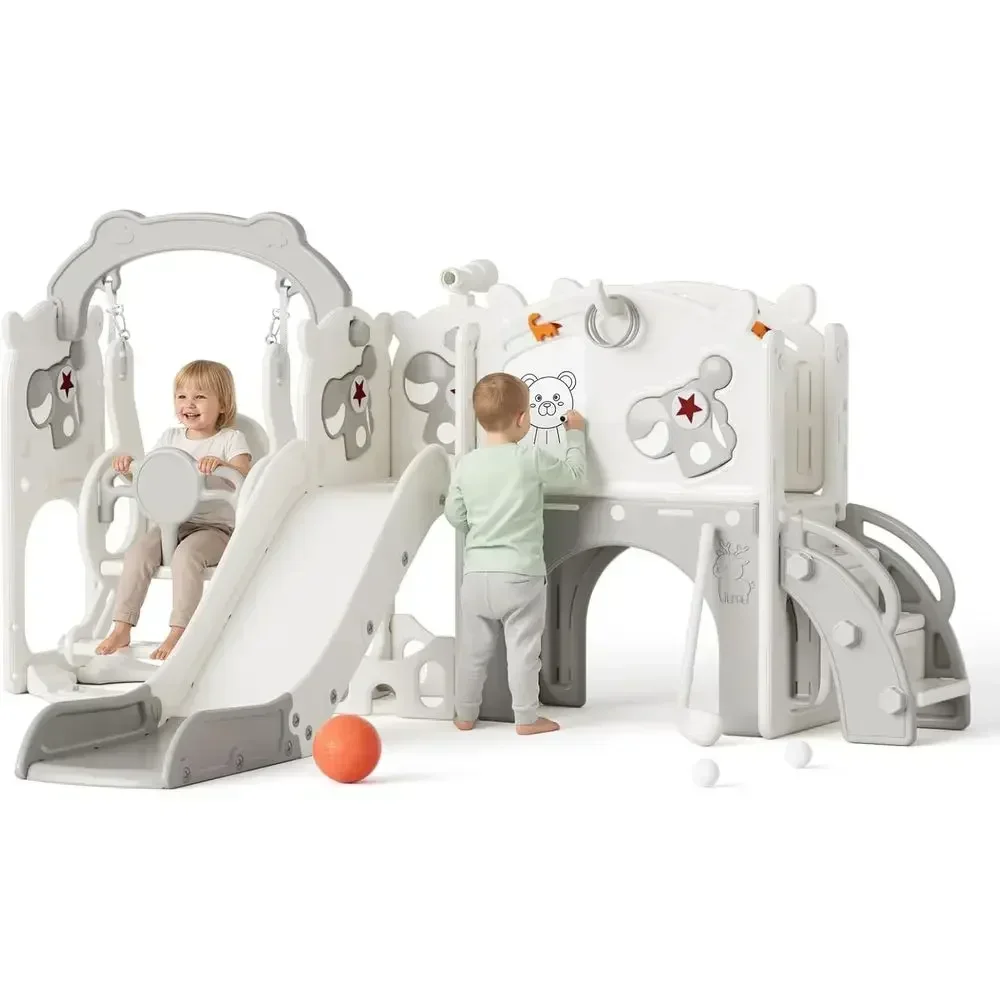 Toddler Swing and Slide Set for 1-3 Years, Indoor/Outdoor, with Basketball Hoop, Easy Assembly (Beige & Gray)