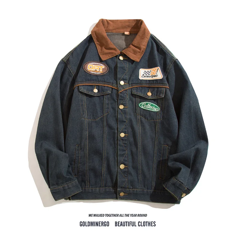 

Американский повседневный джинсовый джинсовый джинсовый джинт свободного покроя для мужчин, винтажная лоскутная спецодежда, легкий вельветовый воротник, джинсовый джинт с накидкой