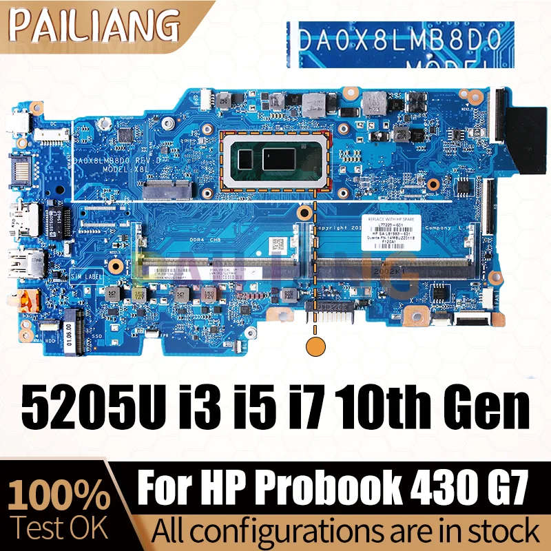 For HP Probook 430 G7 Laptop Mainboard DA0X8LMB8D0 5205U i3i5i7 10th L77217-601 L77221-601 L92222 Notebook Motherboard Full Test