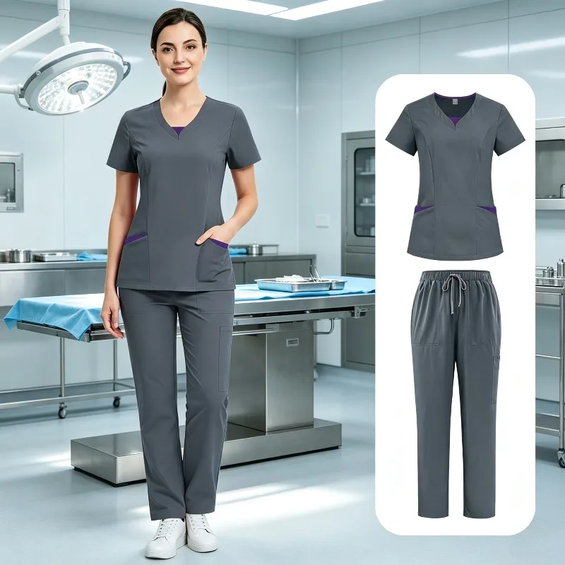 Woman Short Sleeve V Neck 2Pcs Suit Equipped with Pockets Comfort Workwear for Clinic Hospital and Operating Room Daily Use