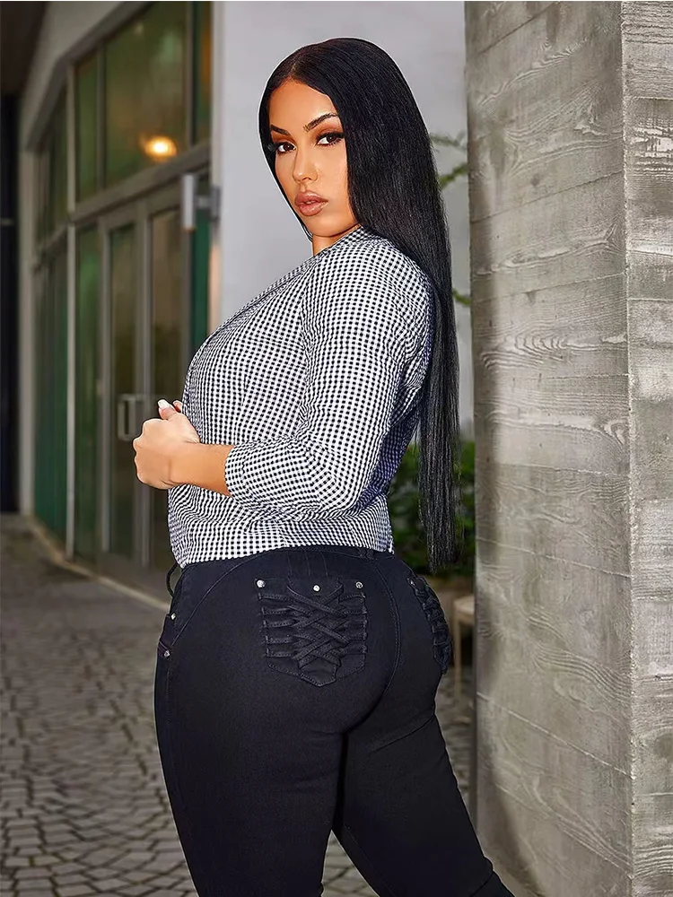 

4. черные классические женские модные повседневные узкие джинсы с завышенной талией и вышивкой на пуговицах спереди, с подтяжкой бедер