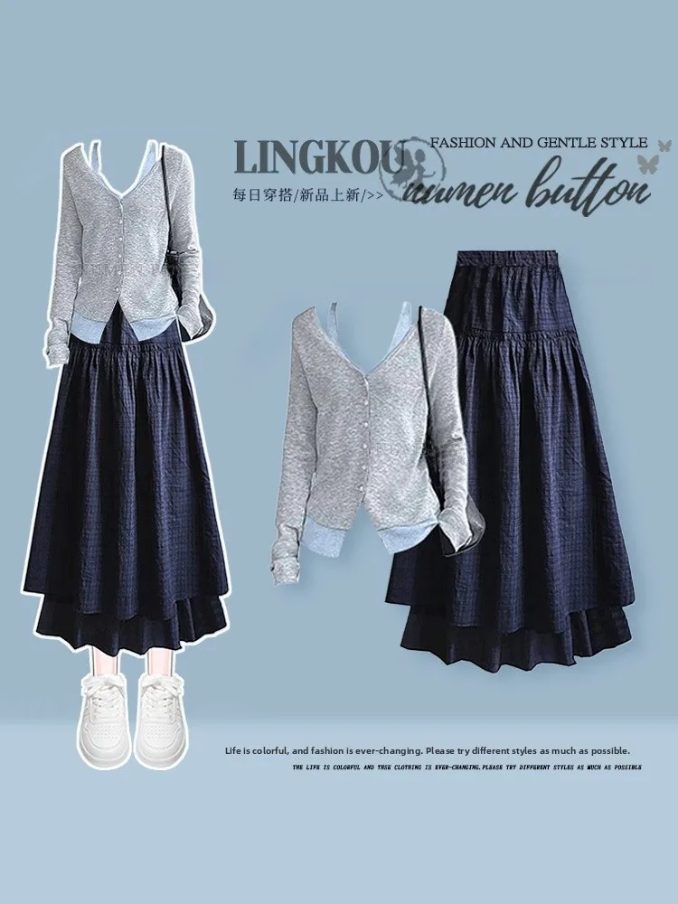 Korean Style Plaid Skirt And Knitted Top Set Women's Autumn Fashion Ensemble High Waist Long Sleeve V-Neck Button Detail