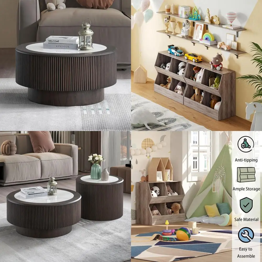 Modern Luxury 31.5 Round Coffee Table with Marble Pattern Sticker and Wooden Drum Base