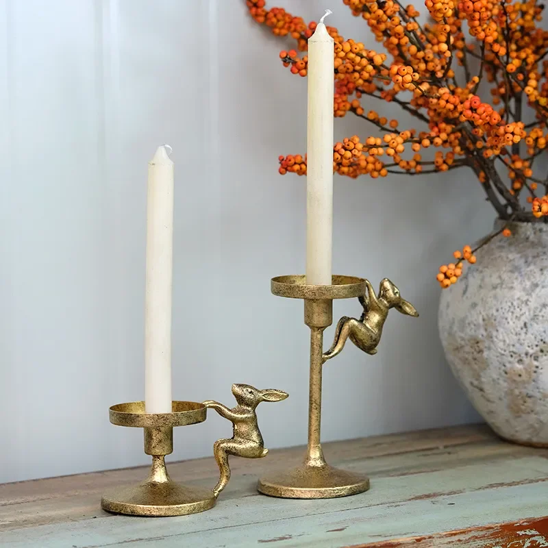 for American Retro Gold Easter Rabbit Candle Holder Dining Table Ornament Light Luxury Home Decoration Dual Purpose