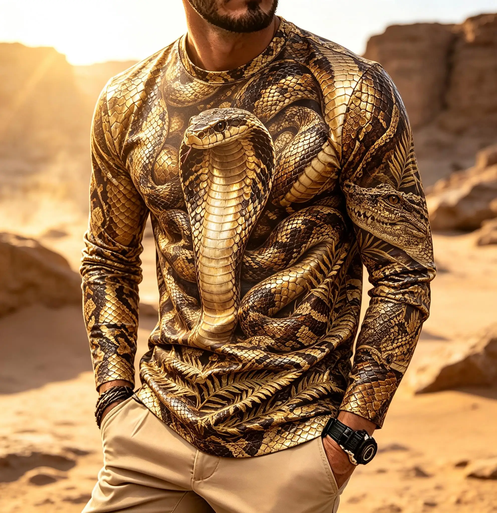 Realistic Golden Cobra Reptile Pattern Mens Long Sleeve Tee Snake Skin Texture Desert Wildlife All Over Print Top