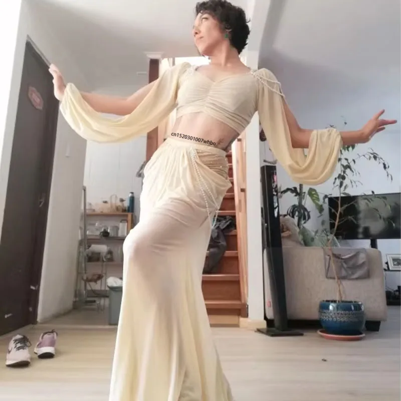 

Belly Dance Costume for Women Long Sleeves Top + Slit Skirt For Female Oriental Belly Dance Stage Performance Practice Clothes
