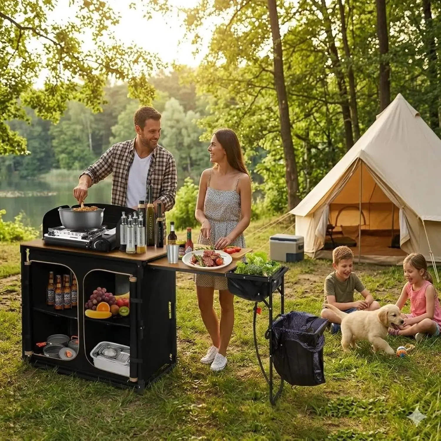 Bamboo Camp Kitchen Station Folding Overland Camping Table Hooks Portable Outdoor Cooking Table With Adjustable Lantern Pole Windshield Storage Organizer Rack Unit For Tailgating BBQ Picnic Brown