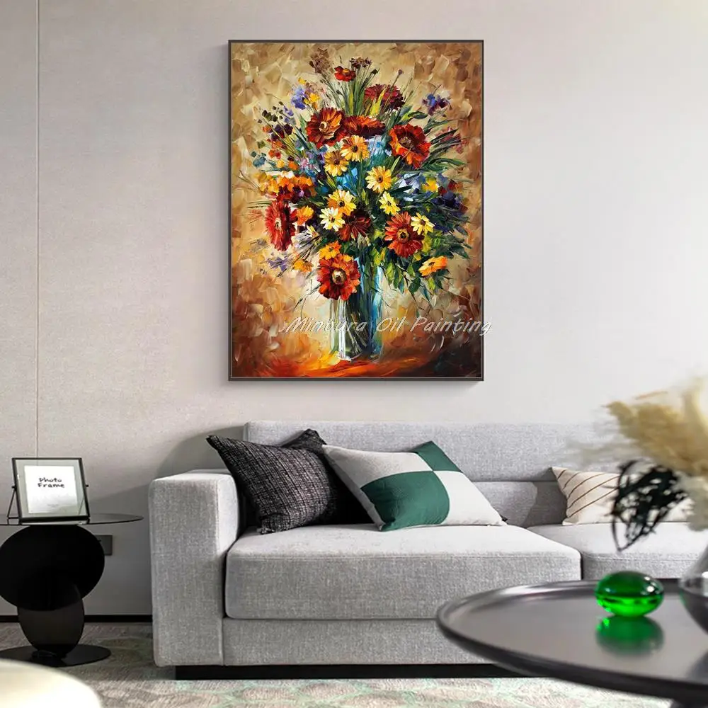 Hand-Painted Knife Bottle Flowers Oil Painting On Canvas,Modern Abstract Still Life Wall Art Picture For Living Room Home Decor