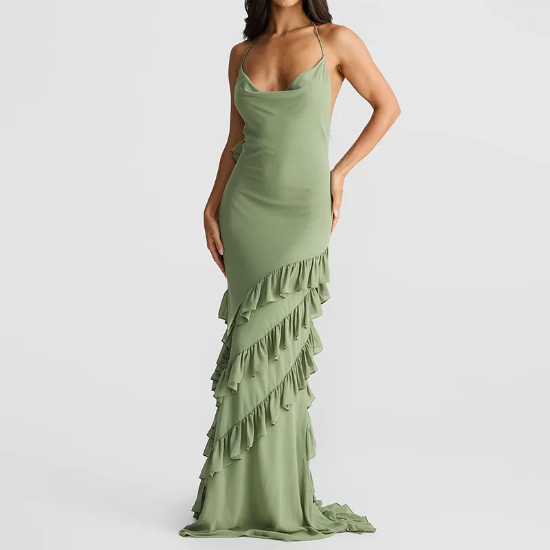 

Летнее модное сексуальное однотонное банкетное платье для женщин, элегантное платье на шнуровке с открытой спиной, стильное женское платье на бретельках с рюшами для отпуска