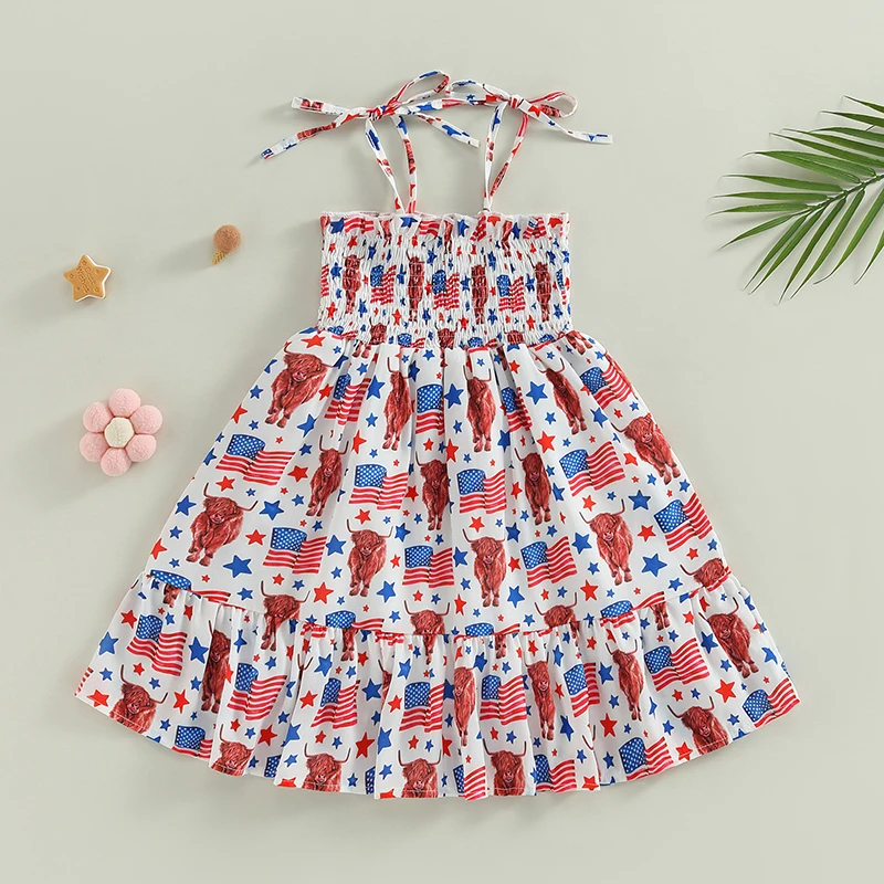 Girls Sleeveless Off Shoulder Floral Print Star Striped Independence Day Casual Party Street Princess Dress with Bull Design