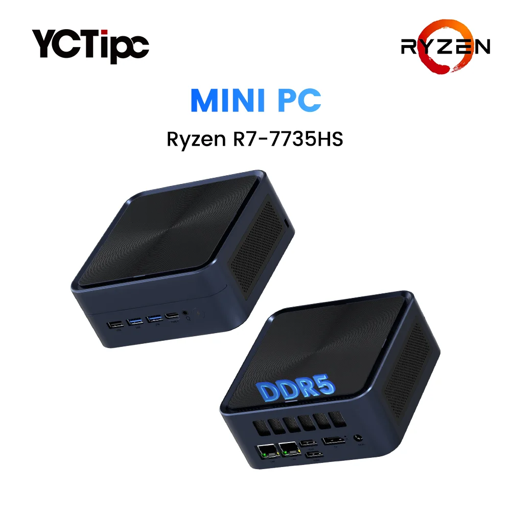 YCTipc NUC AMD Ryzen 7 7735HS  Gaming Mini PC 2*DDR5  2*2.5GLAN 2*M.2 SSD Windows 11 Desktop Computer Dual Cooling Fan WIFI6