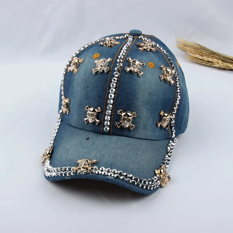 Spring Denim Vintage Baseball Caps for Men Gorras Rhinestone Sun Protection Cowboy Cap Hip hop Skull Willow Nail Punk Cap Male