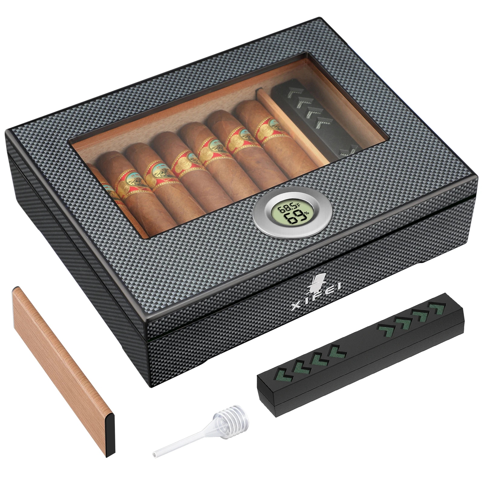 XIFEI Cigar Humidor,Glass Top Carbon Fiber Texture with Digital Hygrometer,humidifier, Divider, Cedar Wood Lining, 25-35 Cigars