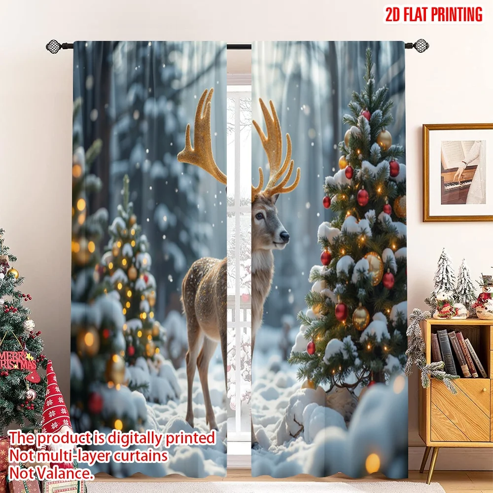

2pcs 2D flat printing Merry Christmas Window Curtains Magical Christmas Reindeer Forest Lights Polyester Without Electricity 0