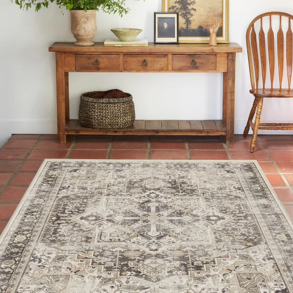 Washable Vintage Kamran Hazel Area Rug, 5x7, Stain-Resistant, Non-Slip, Medium Machine Washable Rugs for Living Room