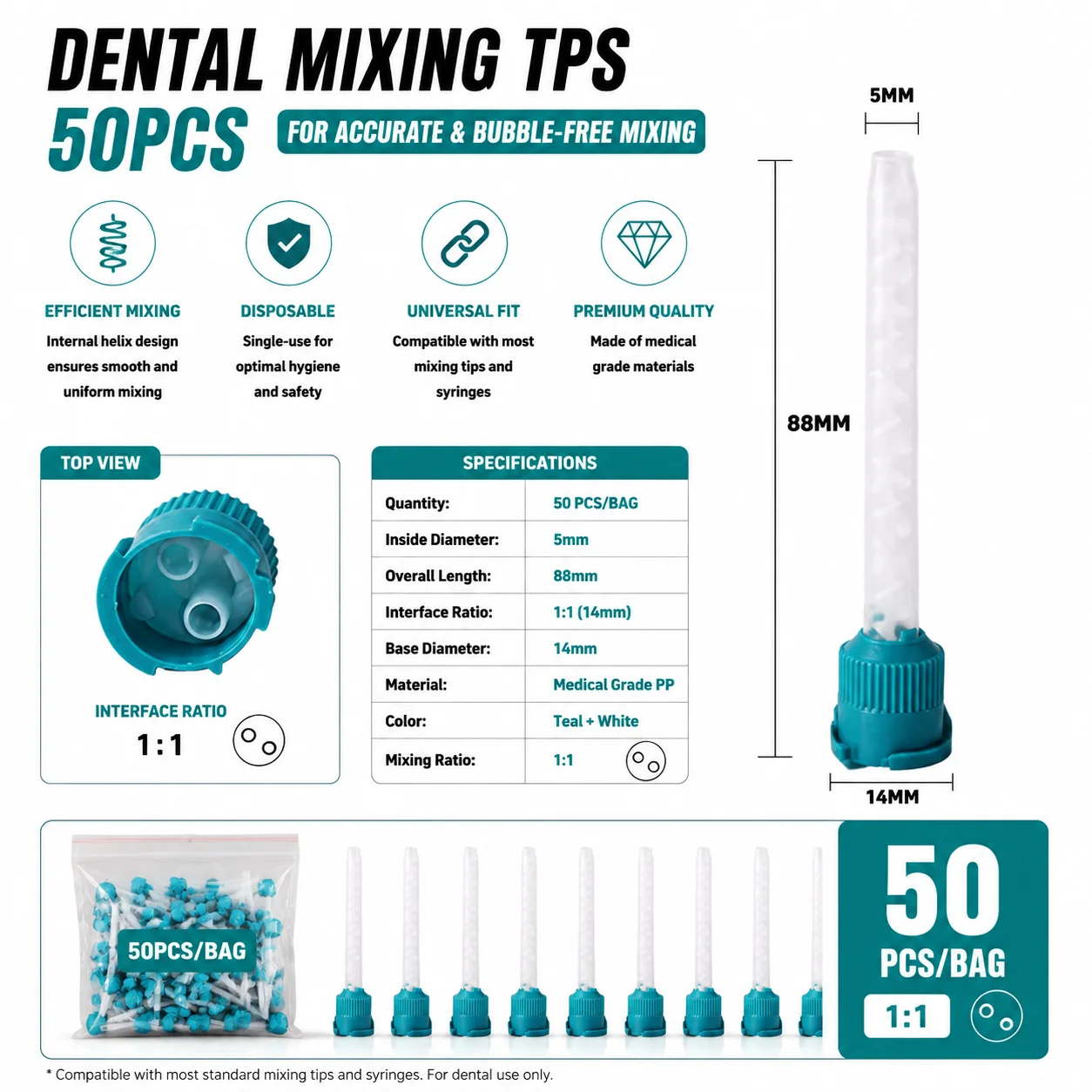 50/100 Stück Dental-Mischspitzen Einweg-Mixer 1:1 Gelbe Mischspitzen Einweg-Zahnmedizin-Mischspülungen Mischrohr