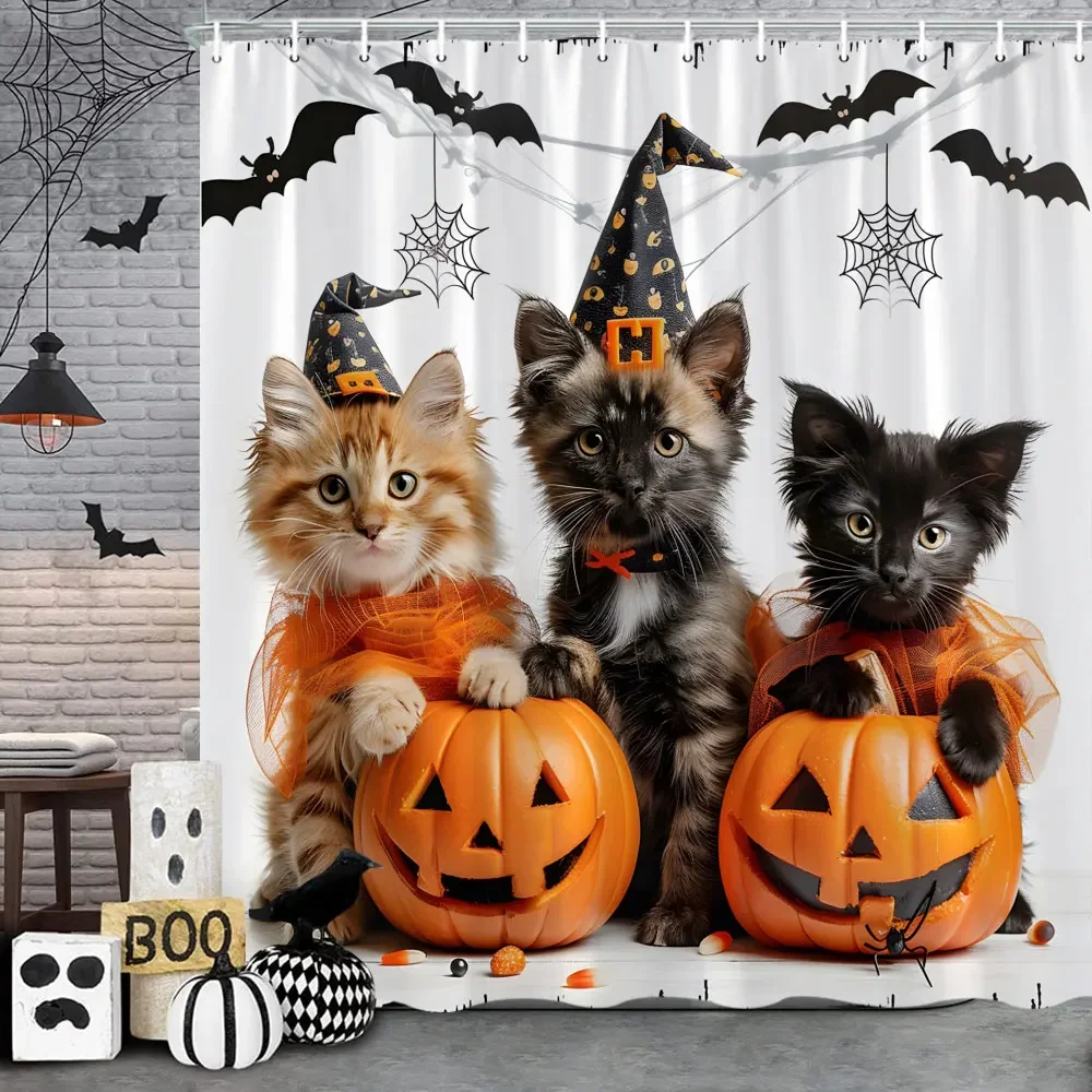 Funny Cat Halloween Shower Curtain Pumpkin Spider Funny Animal Holiday Gift Polyester Shower Curtains Bathroom Decor with Hooks