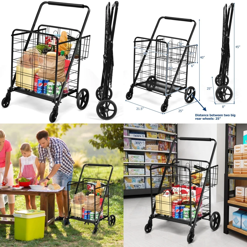 

Portable Shopping CartHeavy Duty Folding Shopping Cart Jumbo Double Basket 330lbs Capacity Black Utility Cart for Grocery Travel