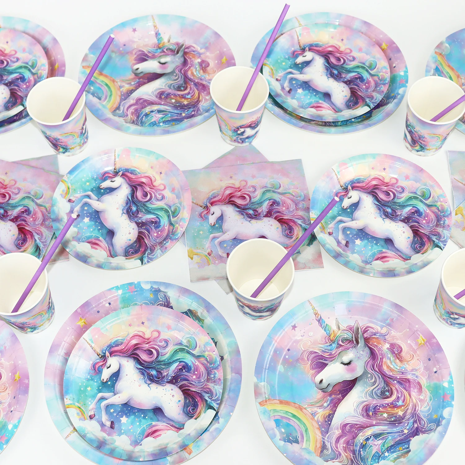 Regenbogen Einhorn Geburtstagsdekorationen Einweggeschirr Set 1. Geburtstag Party Dekor Babyparty Einhorn Thema Partyzubehör – Detail 2
