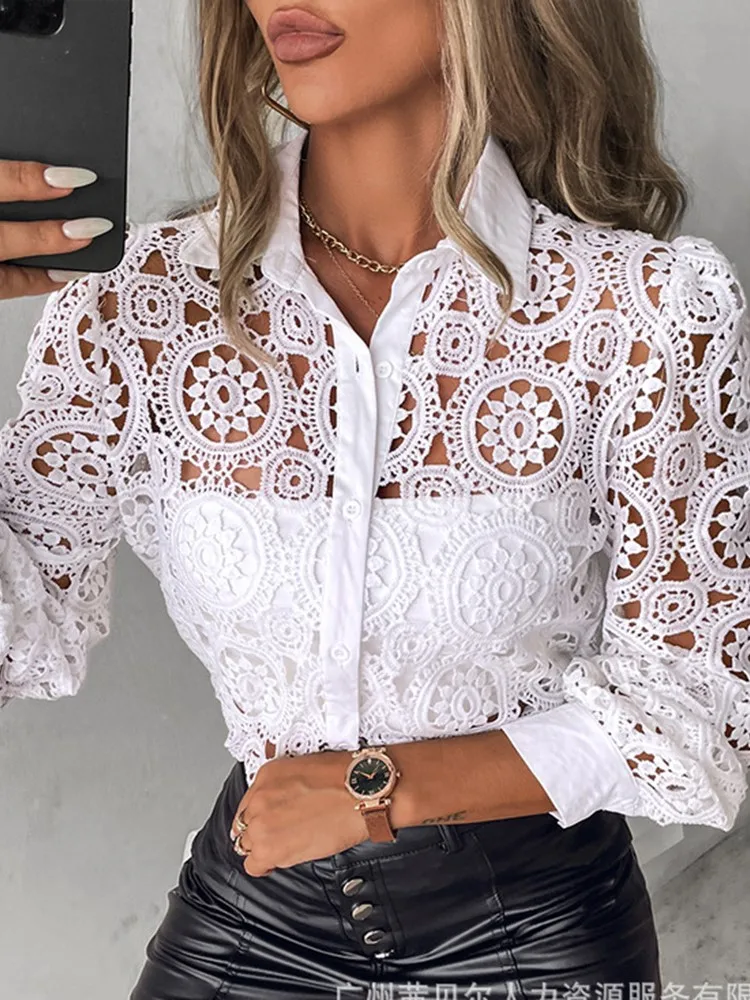 Lace Blouses For Women Elegant Office White Shirt Long Sleeve Button Turn-down Collar Sexy Hollow Tops Fashion Women\'s Clothing