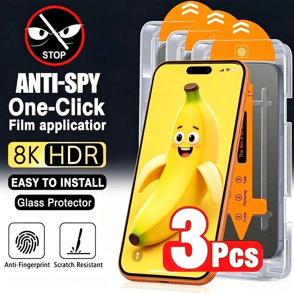 

Комплект из 3 защитных стекол Anti Spy для iPhone 17, 16, 15 Pro Max, Air 14, 13 Pro, 17e, 16, 15 Plus, 12, 11 Pro с установкой без пыли