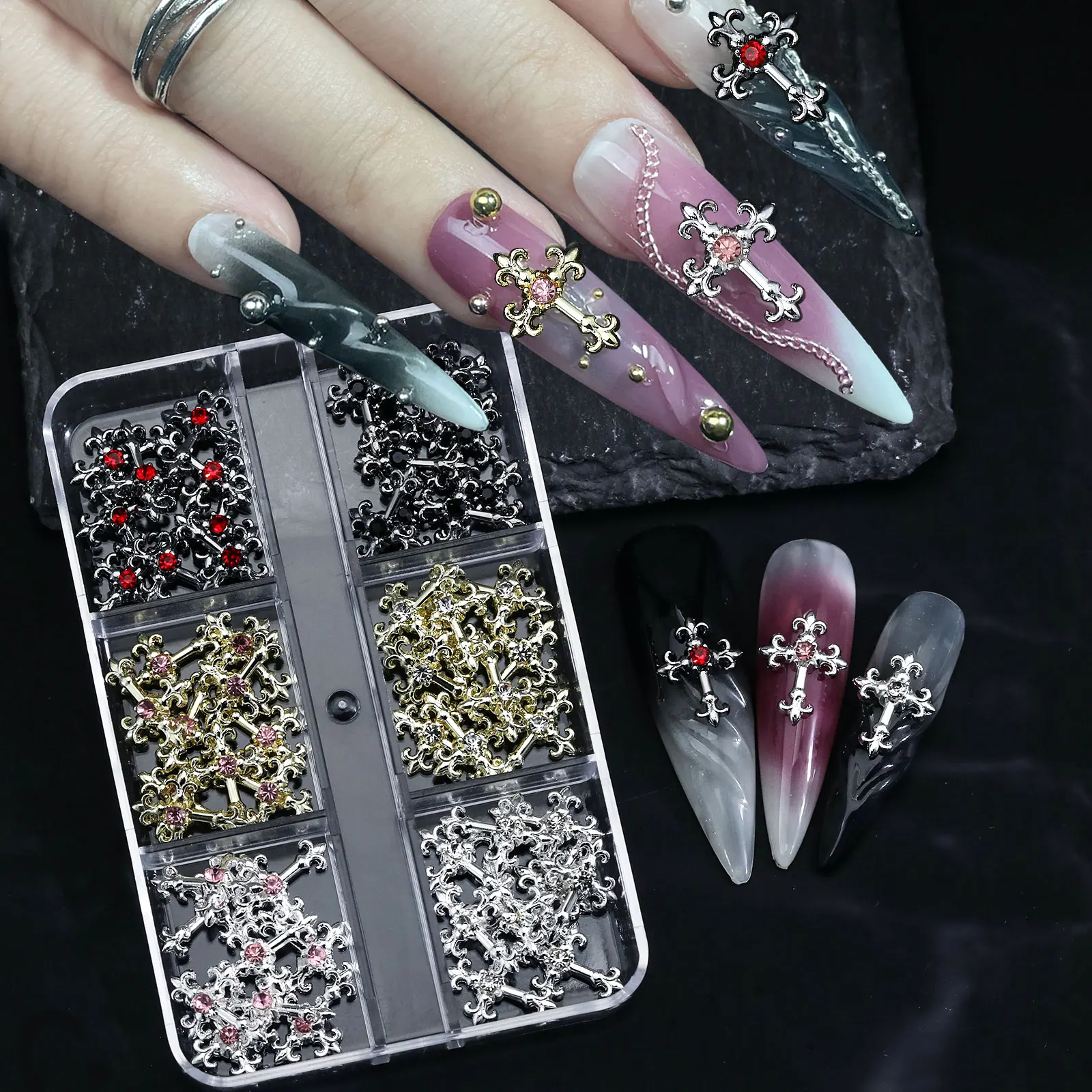 3d cross nail art zircon embedded retro alloy rhinestones Y2K gothic punk metal style nail accessories DIY charm nail decoration
