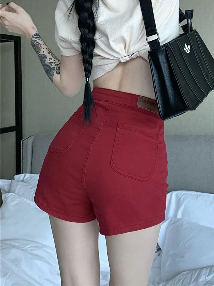 Red Denim Shorts Women Skinny Sexy Chic High Waist Summer Streetwear Hotsweet Pure College All-match Stretchy Thin Korean Style