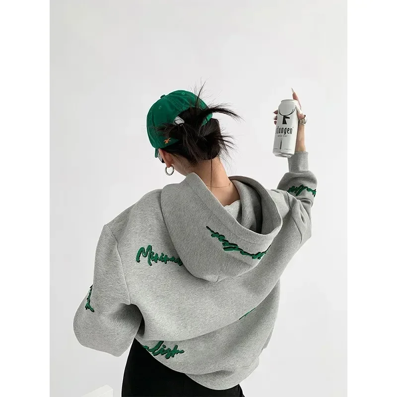 Women Streetwear Oversized Hoodies Plus Fleece Thick Embroidery Sweatshirts Harajuku Hip Hop Korean Loose Casual Pullovers