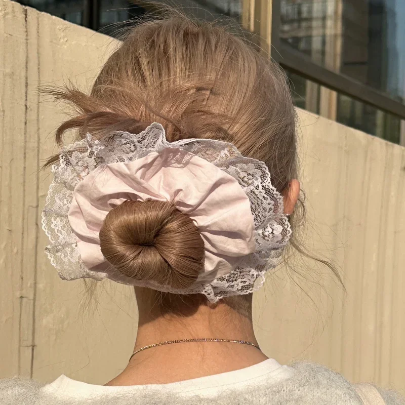 French New Lace Large Pink Scrunchies Headband Summer Sweet Elastic Hair Rope Headwear Rubber Band Hair Accessories for Girls