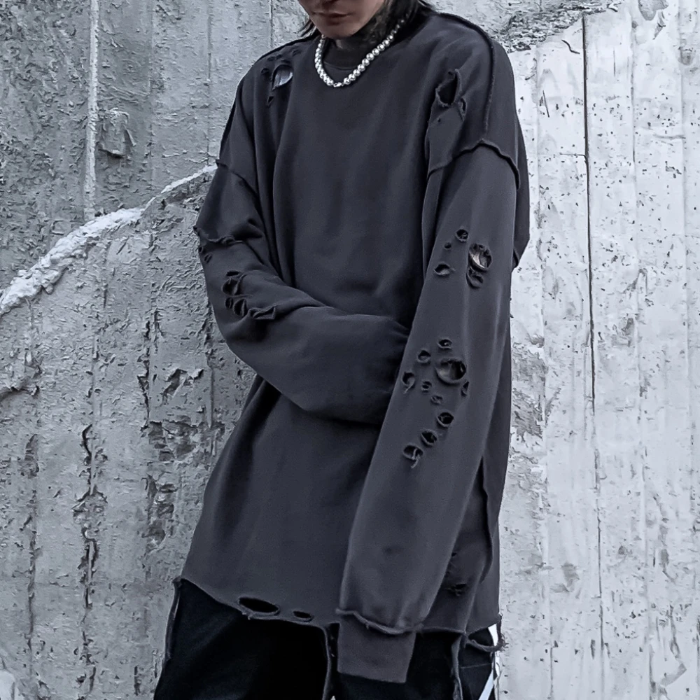 Sudaderas rasgadas de manga larga para hombres y mujeres, ropa de calle gótica, jerséis con agujeros rasgados, ropa Grunge, Tops de primavera