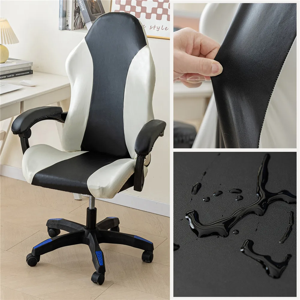 Waterproof and non-slip stretchable black and white PU leather gaming chair cover for office computer rotating lift armchair sea