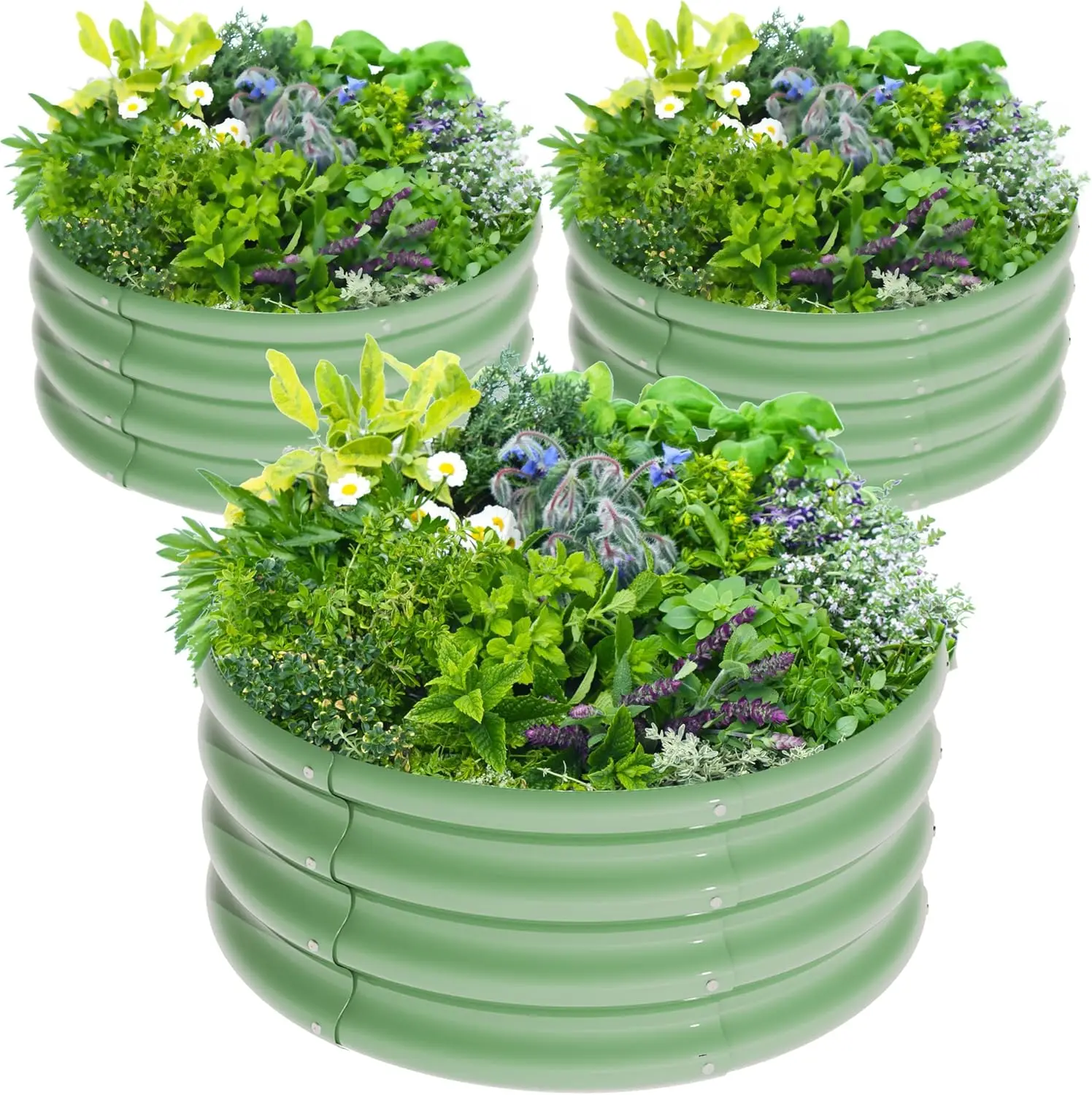 3-Piece Round Raised Garden Bed Kit, 2x2x1ft Galvanized Steel Planter Box for Outdoor Flowers Herbs Vegetables