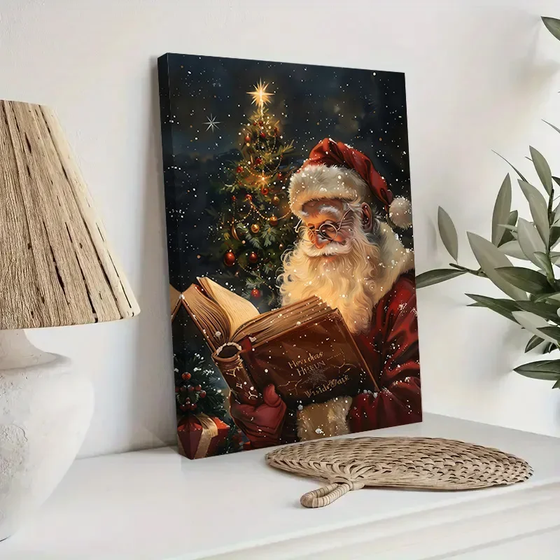 Framed Canvas Painting Santa Claus Bible Reading Decor Poster Nordic Winter Christmas Living Room Holiday Wall Art Decor Mural