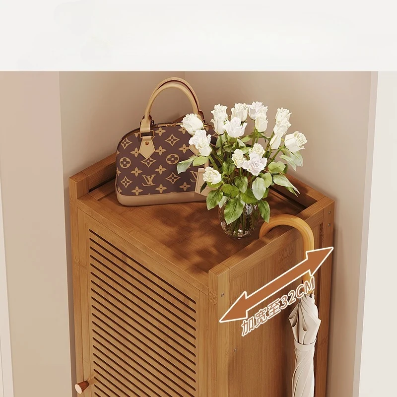 Solid Bamboo Shoe Cabinet with Doors Slim Multi-Layer Entryway Organizer Space Saving Narrow Design